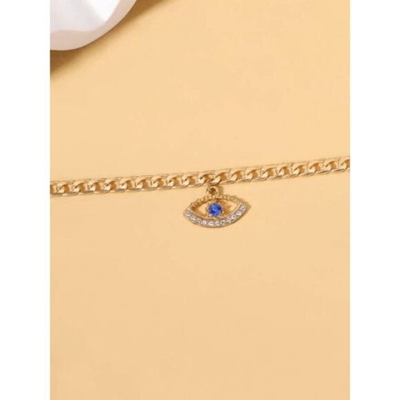 GOLD DIAMOND SAPPHIRE EVIL EYE ANKLET - Picture 5 of 6